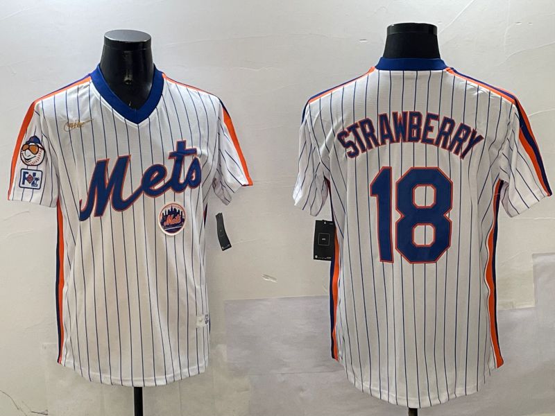 Men New York Mets 18 Strawberry White Stripe Throwback Game Fashion 2025 Nike MLB Jersey style 2